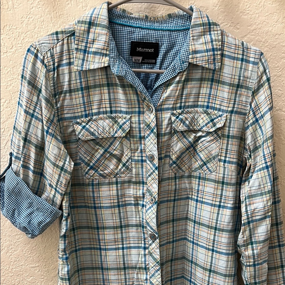 Marmot Plaid Button-Up Shirt, size M, roll-up sleeves